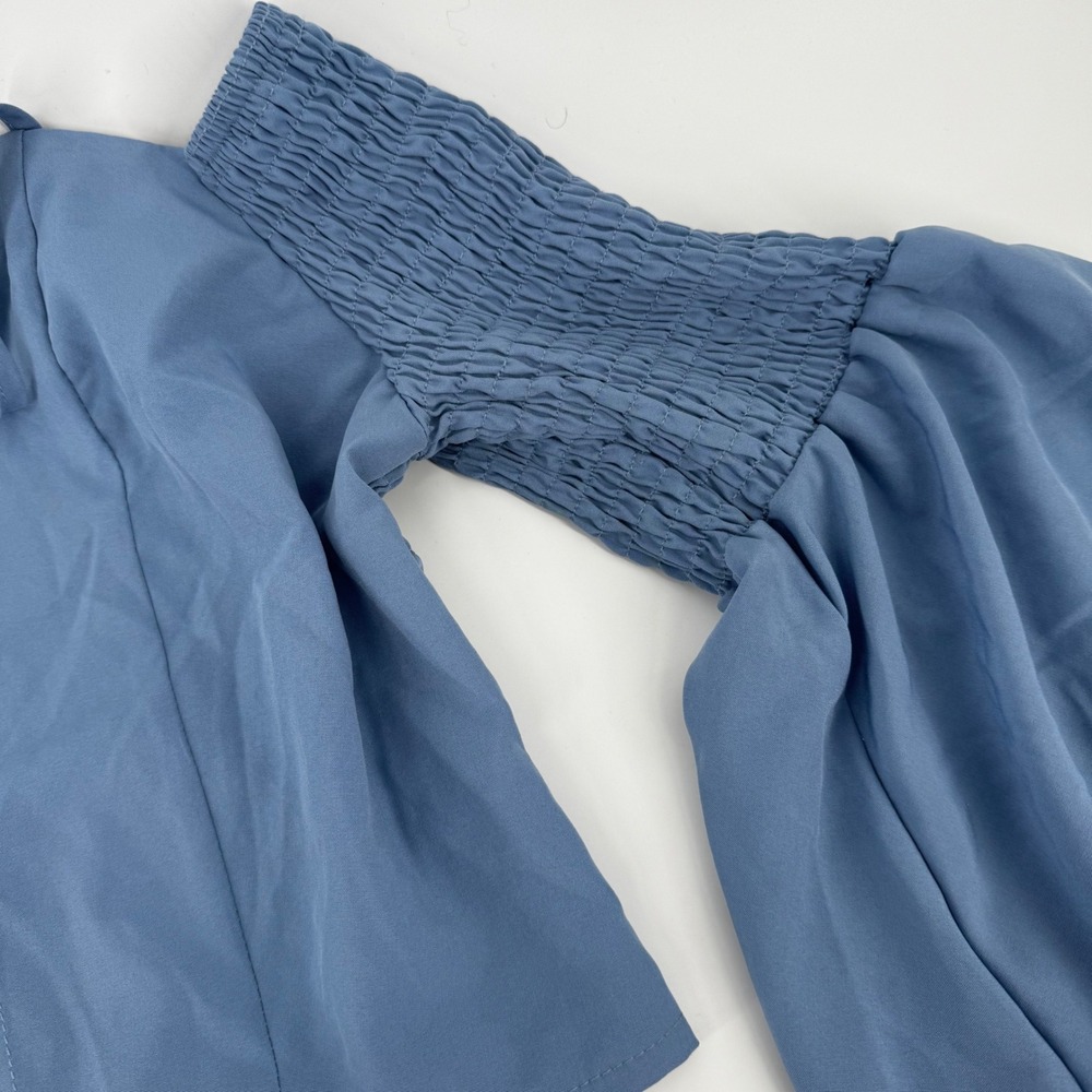 Boho Off Shoulder Bell Sleeve Smocked Crop Top Blue Grommet Detail Babydoll M - Picture 6 of 9